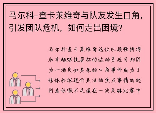 马尔科-查卡莱维奇与队友发生口角，引发团队危机，如何走出困境？