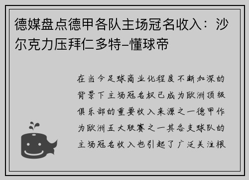 德媒盘点德甲各队主场冠名收入：沙尔克力压拜仁多特-懂球帝