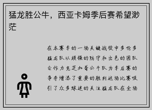 猛龙胜公牛，西亚卡姆季后赛希望渺茫