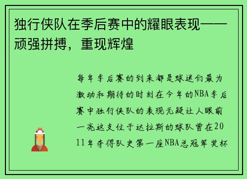 独行侠队在季后赛中的耀眼表现——顽强拼搏，重现辉煌