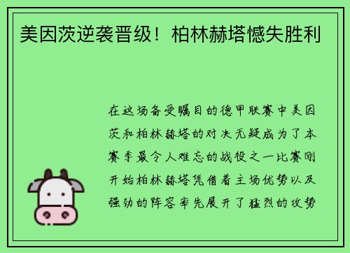 美因茨逆袭晋级！柏林赫塔憾失胜利