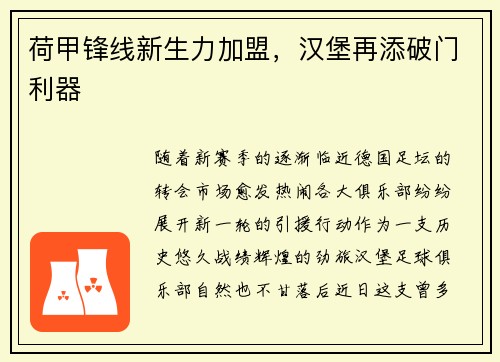 荷甲锋线新生力加盟，汉堡再添破门利器
